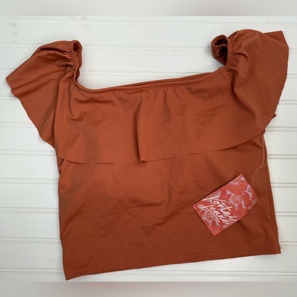 Kortni Jeane Rust Orange Off-Shoulder Ruffle Bikini Top